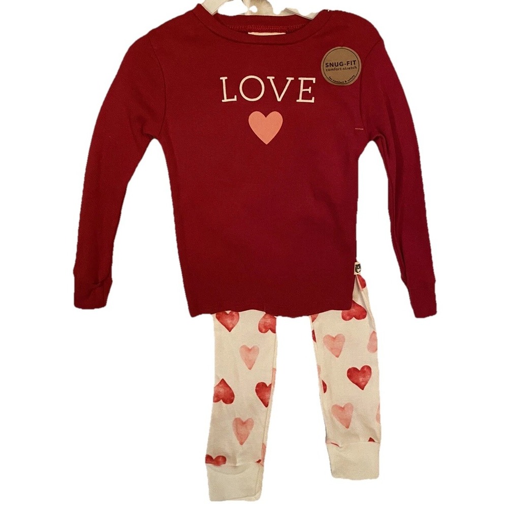 Rabbit + Bear Pajama Set Love Hearts Organic Cotton 2 Pc Girls 4T Red PJ's NWT